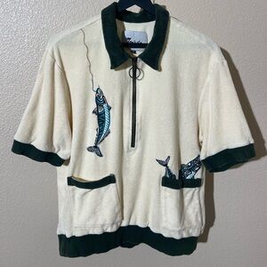 Tombolo Cream and Green Fish Embroidered Shirt